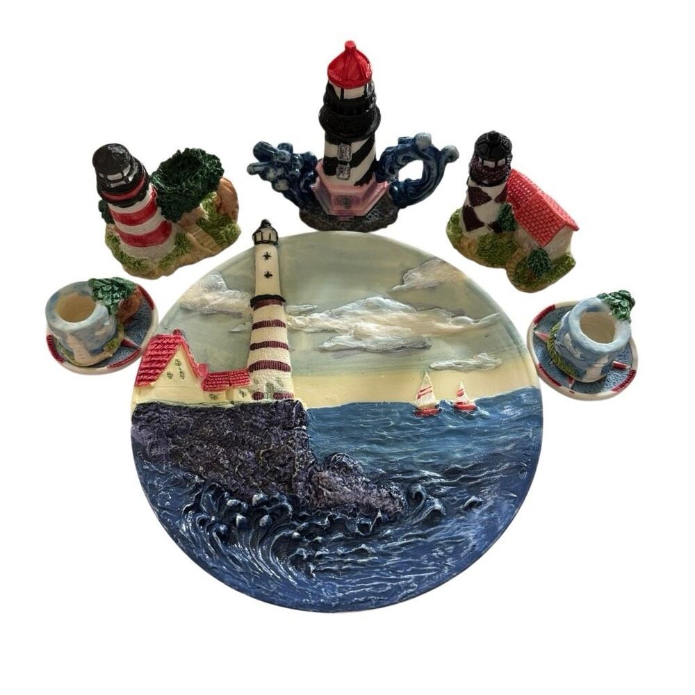 Popular Imports 1997 Resin Plate Lighthouses And Tea Cups *New-Open Box*